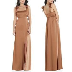 Social Bridesmaids 8224 Charmeuse Tie Shoulder Slit Maxi Dress Toffee Size M NWT